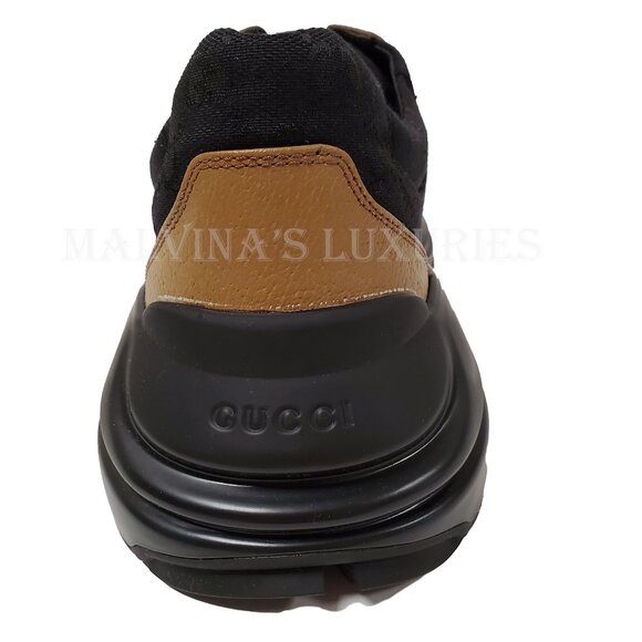 GUCCI SNEAKERS MENS RHYTON BLACK GG SUPREME BROWN LEATHER SHOES sz 8 8.5 - Picture 9 of 16